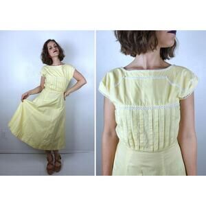 vintage 50s Charming YELLOW Full Skirt DAY DRESS Small lace trim pinup dolly